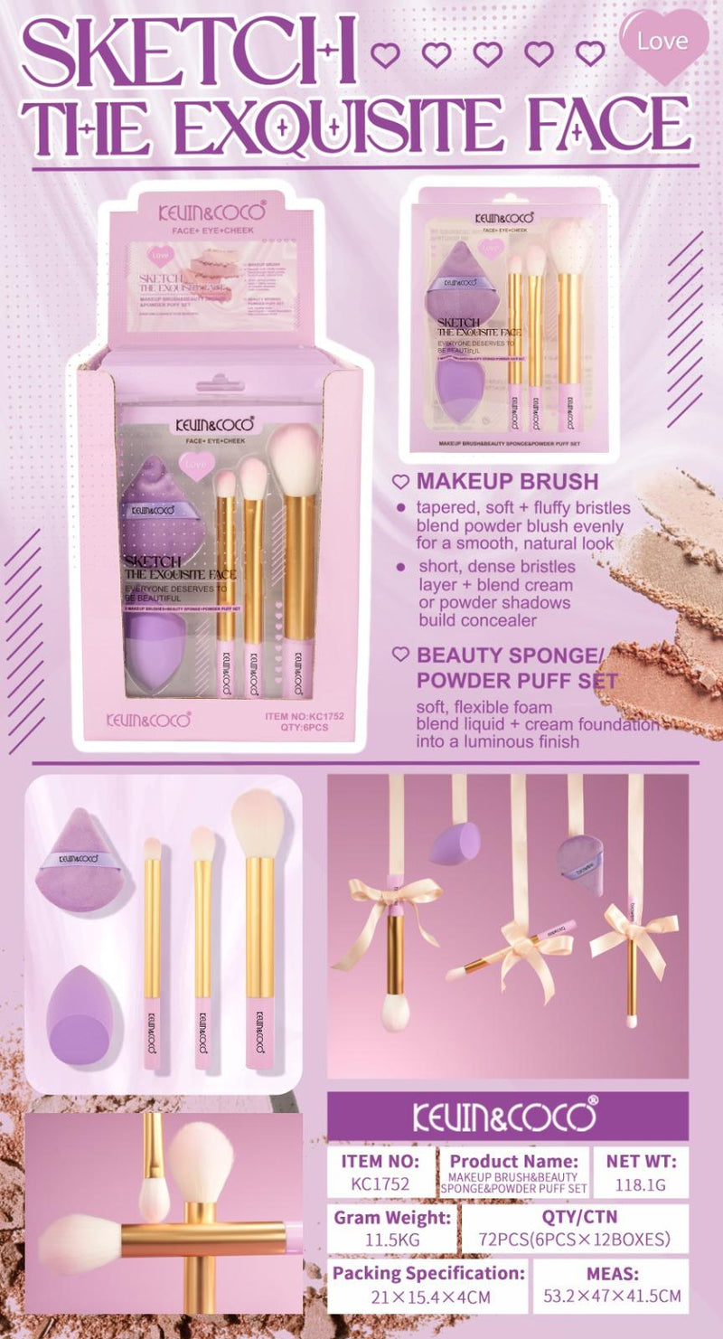 Load image into Gallery viewer, Face-Kevin&amp;Coco Brush, Sponge and Puff Set KC1752 ($4 each, 6pc display)
