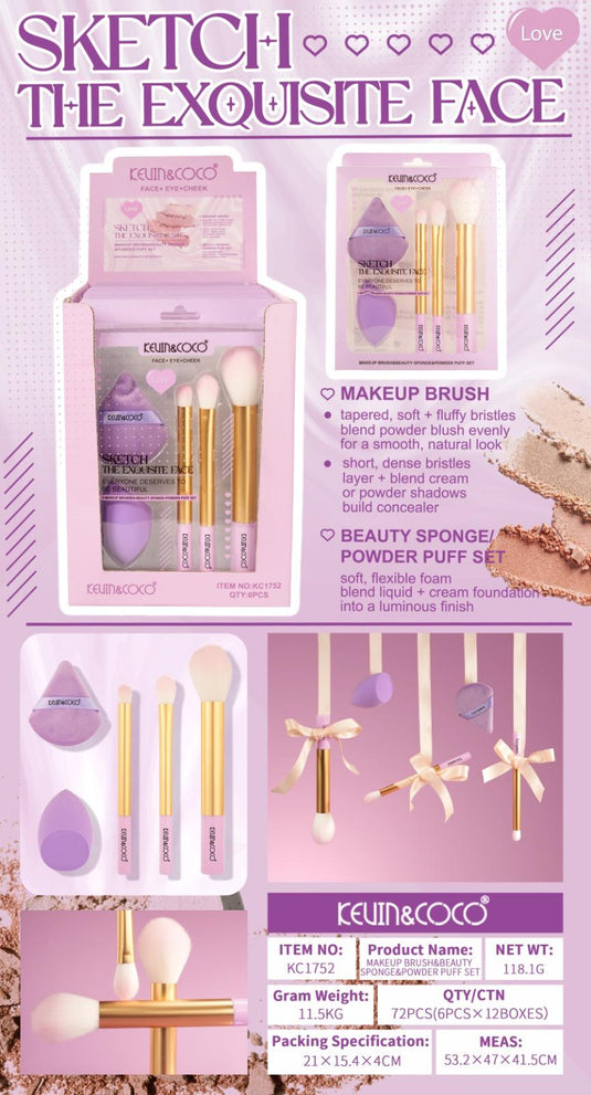 Face-Kevin&Coco Brush, Sponge and Puff Set KC1752 ($4 each, 6pc display)