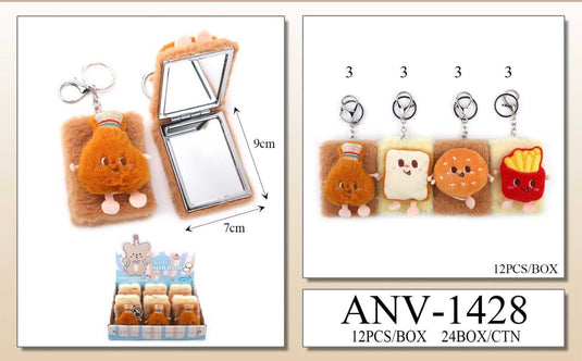 Accessories-Plush Snack Compact Mirror Keychain ANV-1428 (12pc pack)