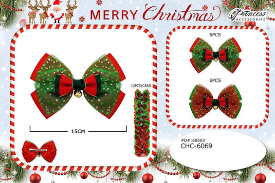 Hair-Christmas Star Tulle Hair Bow Clips in Red & Green CHC-6069 (12pc pack)