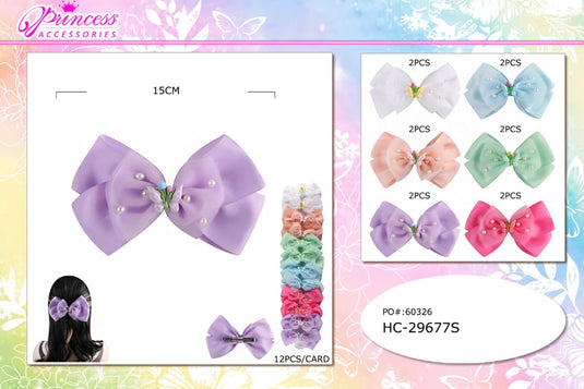 Hair-Butterfly & Pearl Ribbon Hair Bow Clip Pastels HC-29677S (12pc pack)