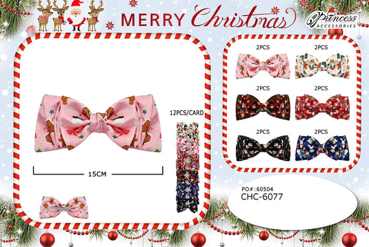 Hair-Christmas Print Satin Hair Bow Clips CHC-6077 (12pc pack)