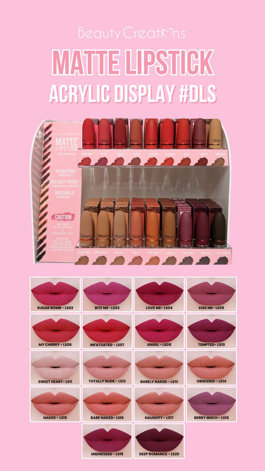 Lips- Beauty Creations Matte Lipstick Display (108p  +free samples $1.75 each)