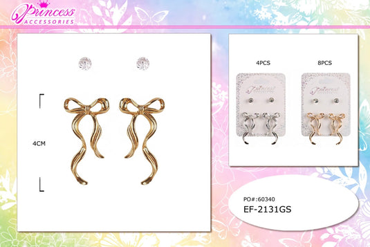 Jewelry-Ribbon Bow & Crystal Stud Earring Set in Gold & Silver EF-2131GS (12pc pack)