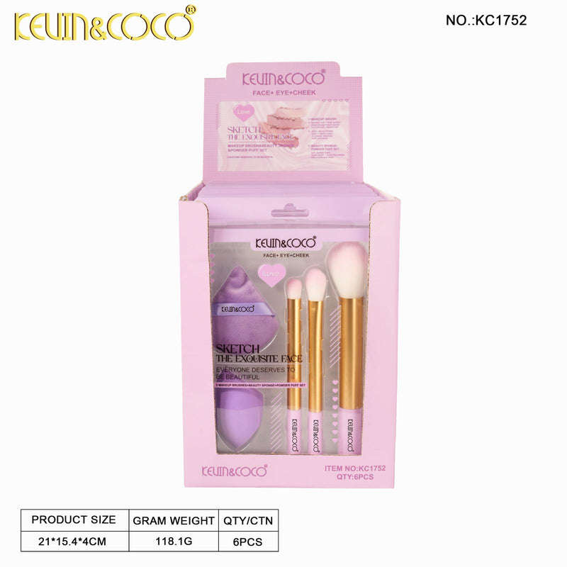 Load image into Gallery viewer, Face-Kevin&amp;Coco Brush, Sponge and Puff Set KC1752 ($4 each, 6pc display)
