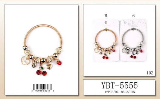 Jewelry-Cherry & Heart Charm Bracelet YBT-5555 (12pc pack)