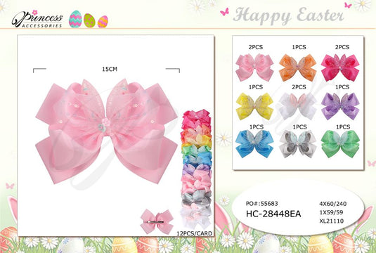 Hair- Easter Bunny Ears Hair Bows HC-28448EA (12pc strip)