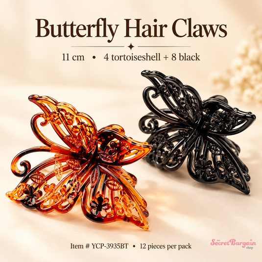 Hair-Butterfly Hair Claw Clips in Tortoiseshell & Black YCP-3935BT (12pc pack)