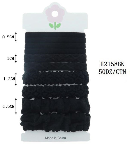 Hair-Black Hair Ties Multi Shapes Seamless Ponytail H2158BK (12 pcs pack)