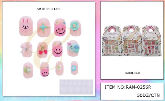 Accessories-Kawaii Smiley & Bunny Kids Press-On Nails RAN-0256R (12pc pack)