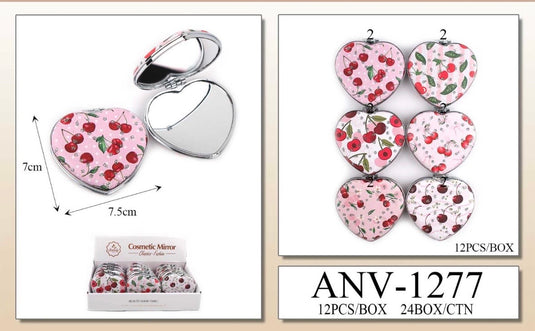 Accessories-Cherry Print Heart Compact Mirror ANV-1277 (12pc pack)