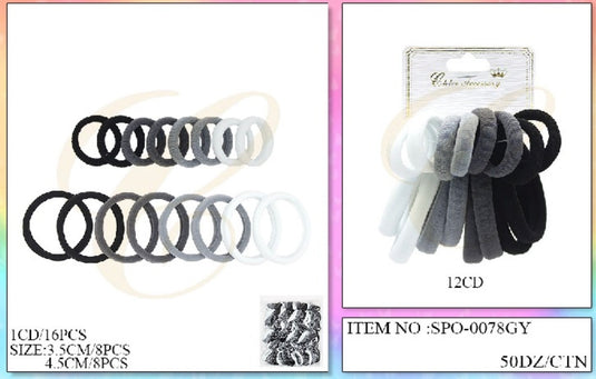 Hair-Black, Grey and White Hair Ties Set SPO-0078GY (12pc pack)