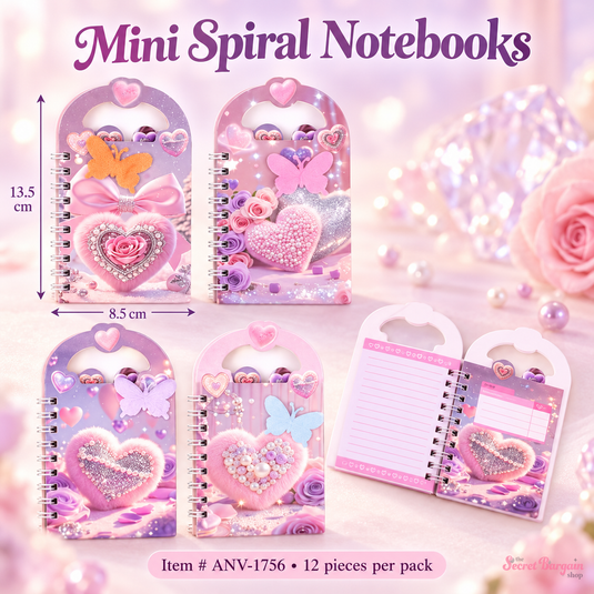 Accessories-Mini Spiral Notebooks in Pastel Heart Designs ANV-1756 (12pc pack)