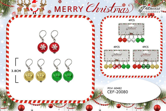 Jewelry-Christmas Ornament Ball Drop Earrings in Red, Green, Gold & Silver CEF-20080 (12pc pack)