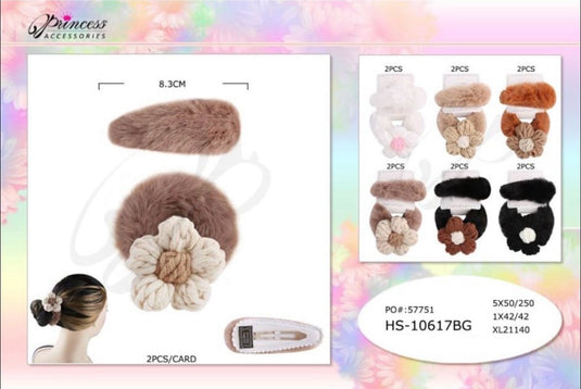 Hair-Flower Fuzzy Pony Tail and Hair Pin HS-10617BG (12pc pack)