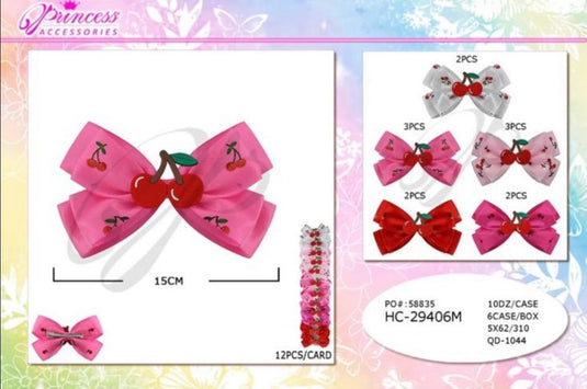 Hair-Cute Cherry Bow Hair Clip Pink Colors HC-29406M (12pcs strip)