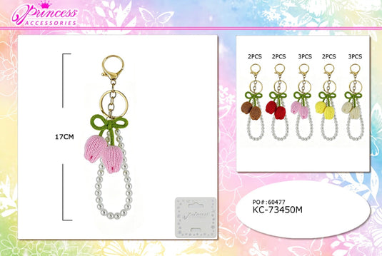 Accessories-Knitted Tulip & Pearl Keychain in Assorted Colors KC-73450M (12pc pack)