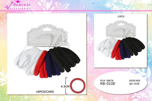 Hair-Rubber Band Hair Ties Black, Red, Blue & White RB-010E (12pcs pack)