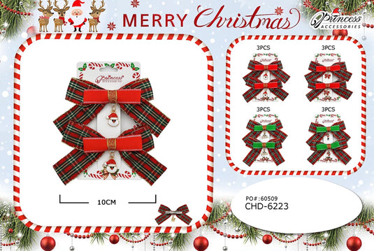 Hair-Christmas Plaid Ribbon Bow Clips with Holiday Charms CHD-6223 (12pc pack)