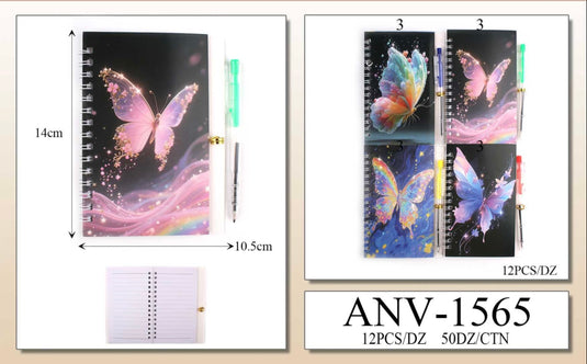 Novelties-Sparkly Butterfly Spiral Notebook & Pen Set in Assorted Designs ANV-1565 (12pc pack)