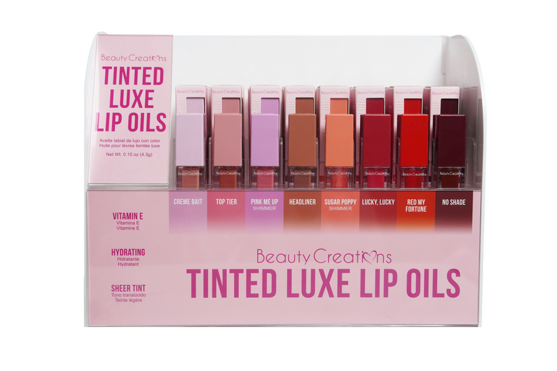 Load image into Gallery viewer, Lips-Beauty Creations Tinted Luxe Lip Oils Complete Display #TLXL-PT ($3.25 each, 8 shades, 6pc per color)
