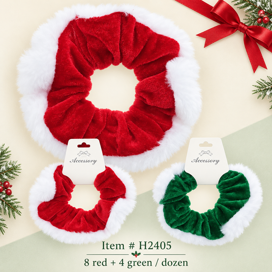 Hair-Velvet Christmas Scrunchies In Red & Green H2405 (12pc pack)